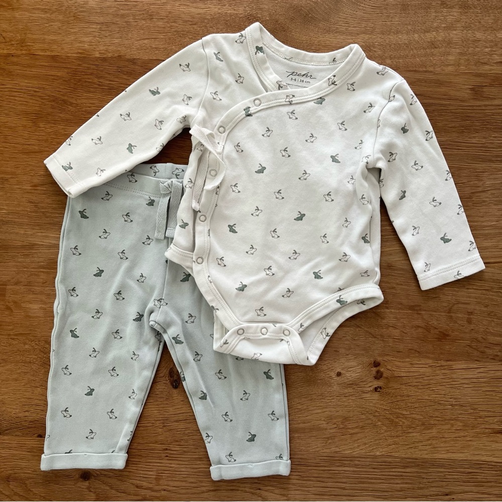 Pehr Littles kimono bunny print set white bodysuit onesie blue pants baby 3-6 mo